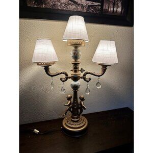 Vtg Electric Table Lamp Cherub Putti Italian Gold Tole Candelabra Prisms 27”